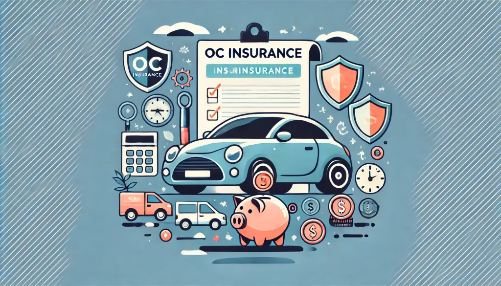 DALL·E 2025-03-06 15.58.46 - An illustration representing car insurance concept. Include a car, a document with 'OC' insurance written on it, and symbols representing savings or f